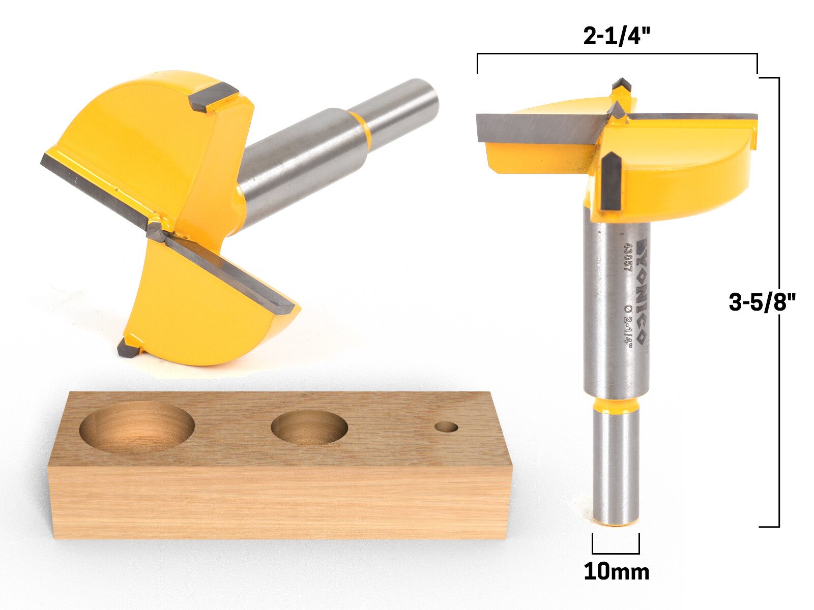 2-1/4″ Diameter Carbide Forstner Drill Bit – 10mm Shank – Yonico 43057C
