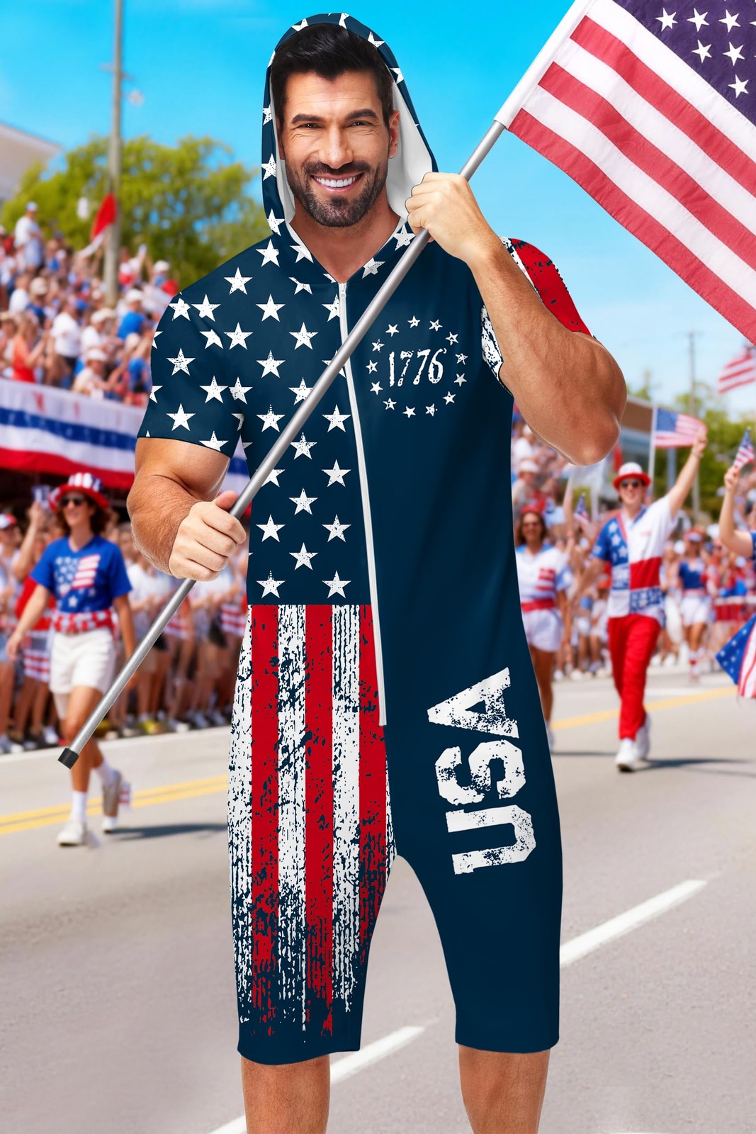 Arankhiger Mens 4Th Of July Jumpsuit Patriotic Stars Stripes Zip Rompers Usa