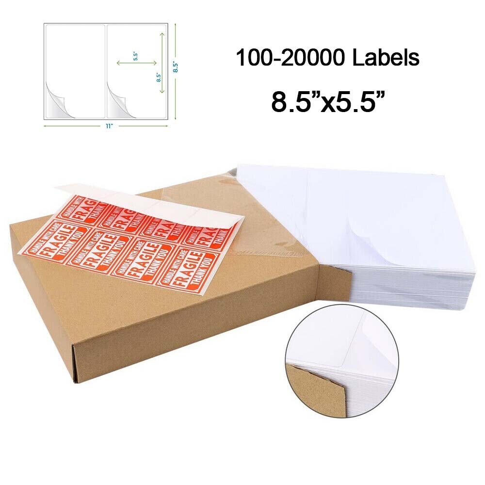 100-20000 | 8.5×5.5 Shipping Labels Half Sheet Self Adhesive 2 Per Sheet Blank