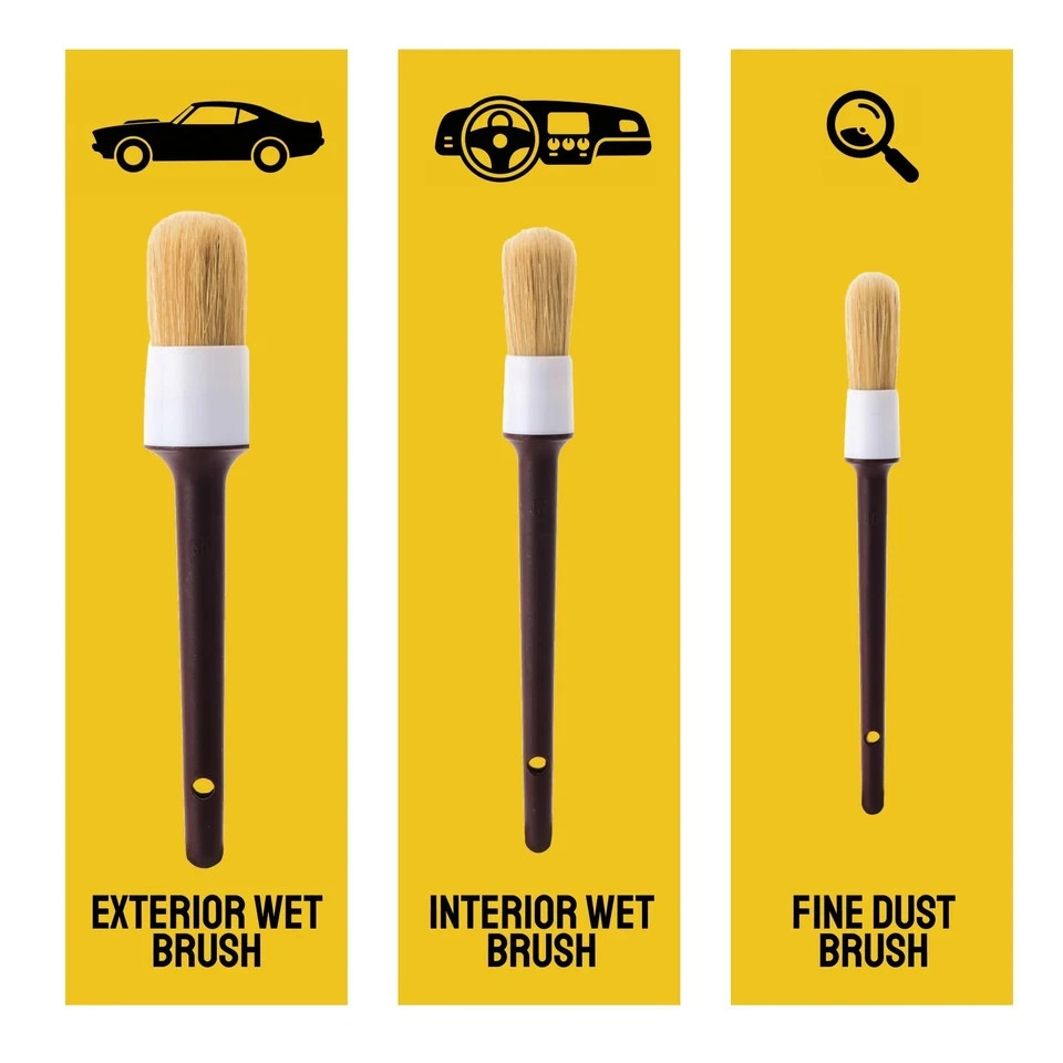 Car Detailing Brush Set 3-Pack – Soft Boar Hair 3 Pack(Starter), Brown