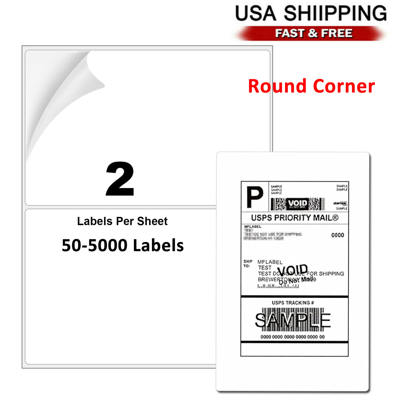 8.5×5.5 Shipping Labels Rounded Corner Self Adhesive 2 Per Sheet 50-5000 Labels