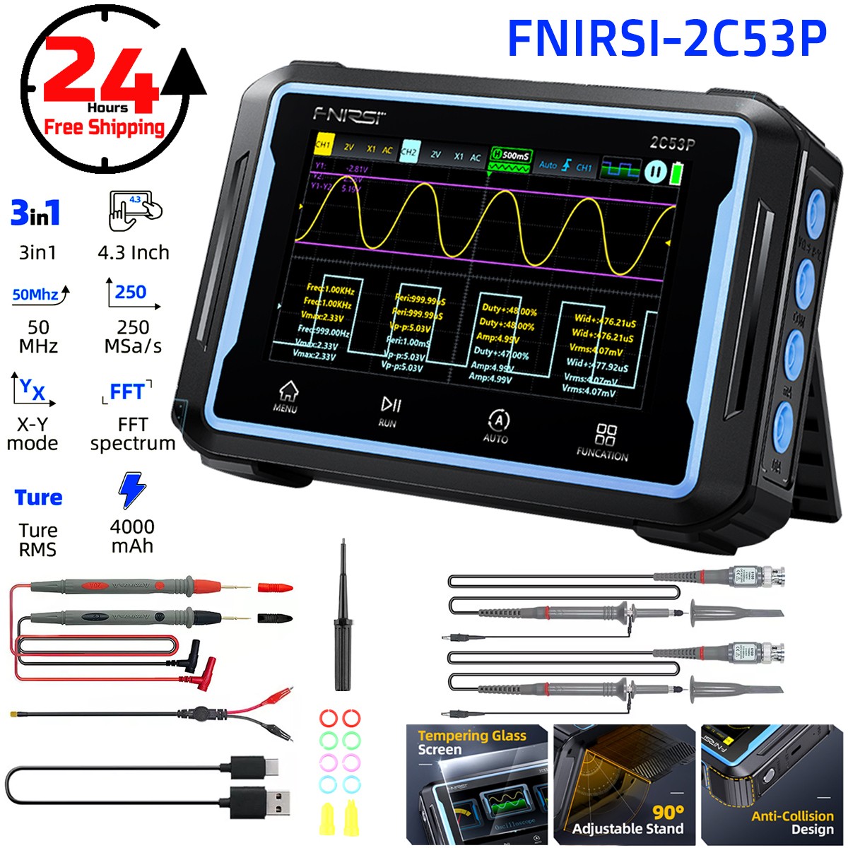 FNIRSI 2C53P 3-in-1 LCD 2 Channel Signal Generator Digital Storage Oscilloscope