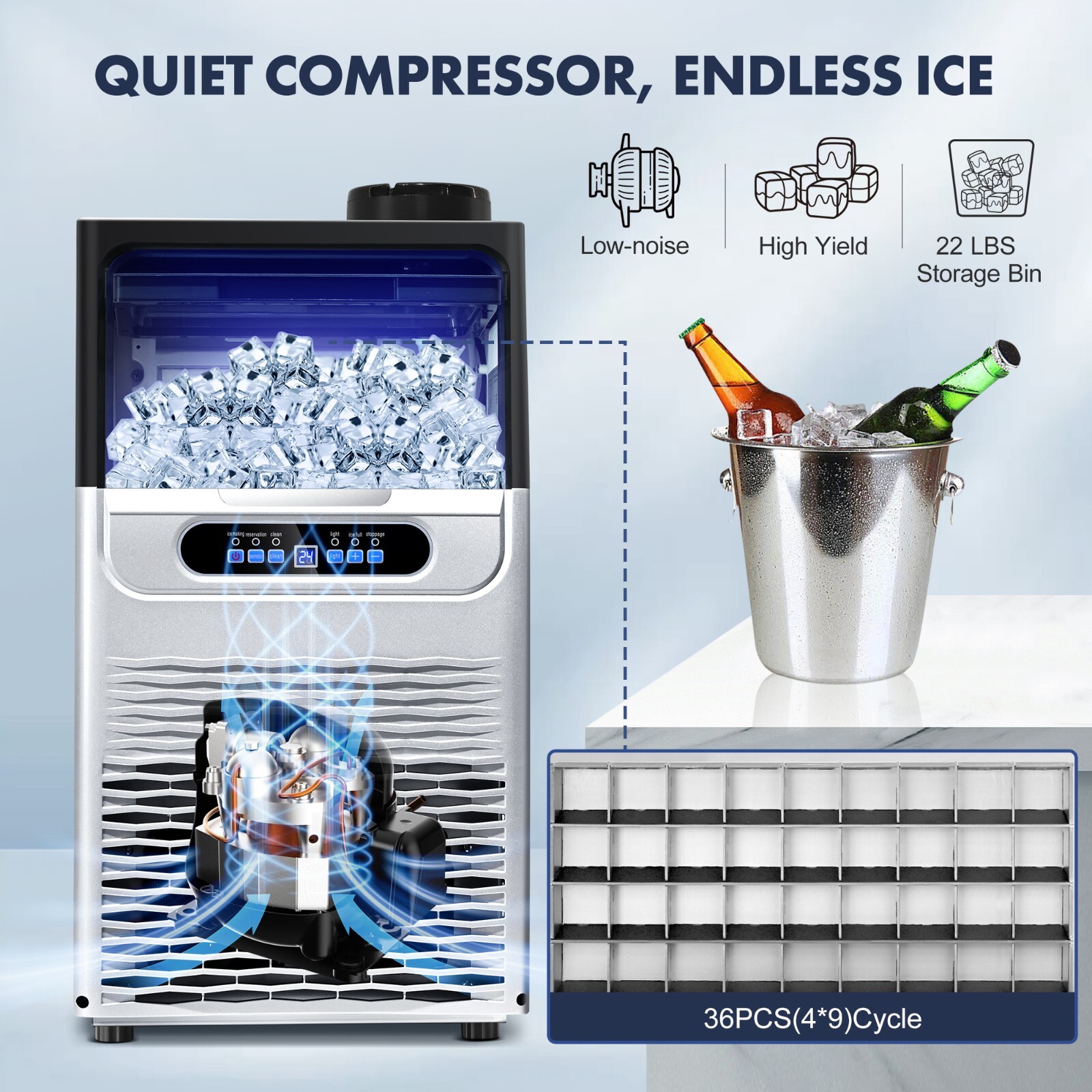 Commercial Ice Maker 150lbs Stainless Steel Built-in Cube Machine Bar Restaurant