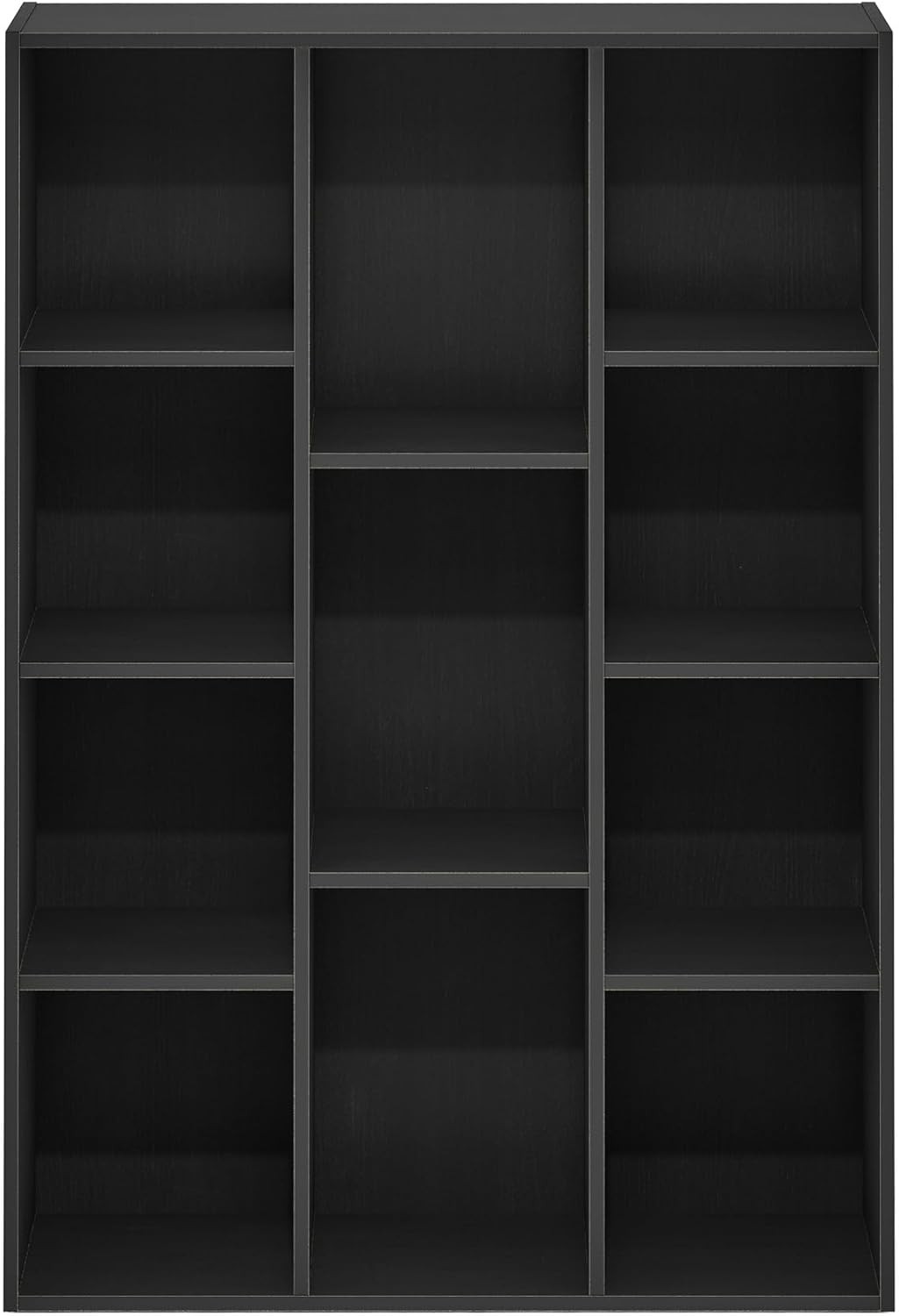 11-shelf reversible bookcase, black wood finish