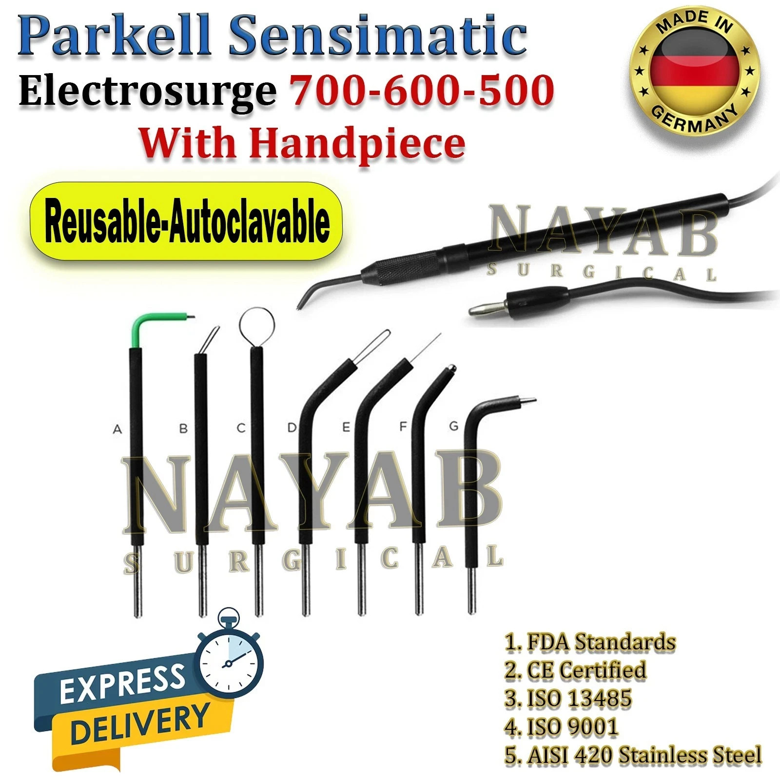 Parkell Sensimatic 500-600-700 Electrosurge Black Handpiece and 7 Pcs Tips CE