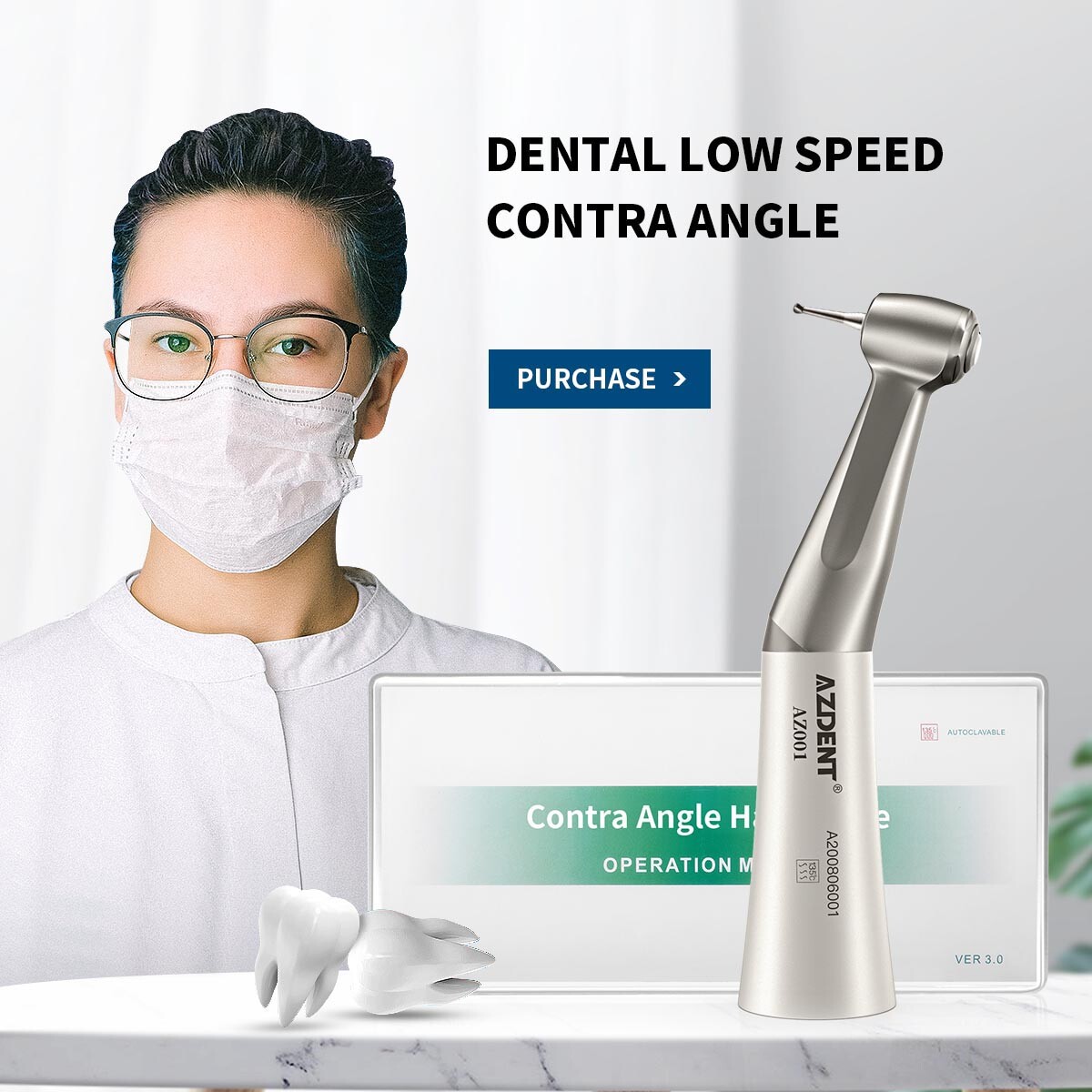 AZDENT Dental 1:1 Slow Low Speed Contra Angle Handpiece Push Button E-Type AZ001
