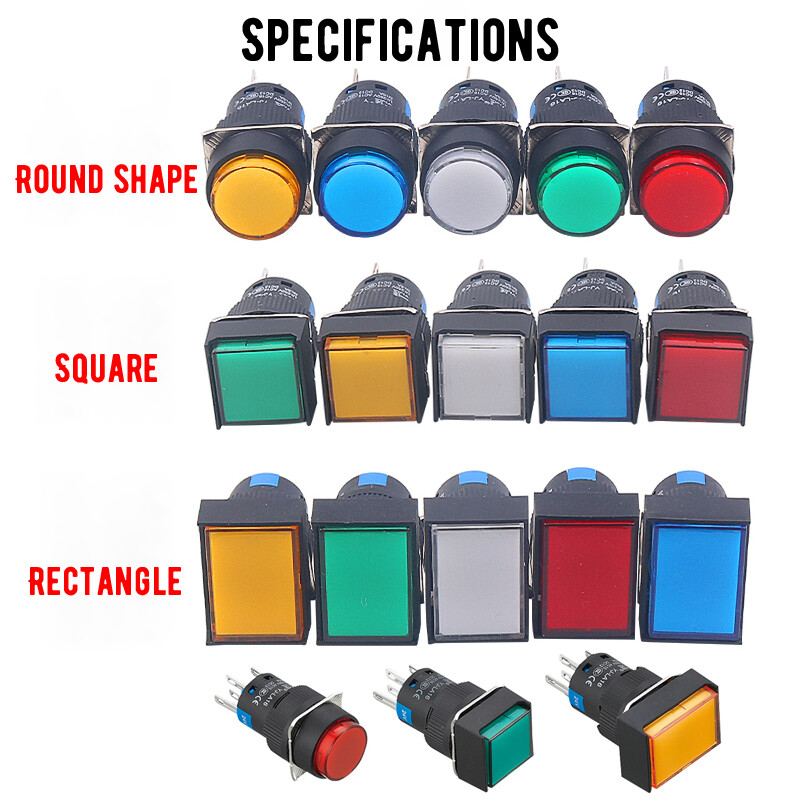 Round Rectangle Push Button Switch LED Light Momentary Latching 16mm 12/24/220V