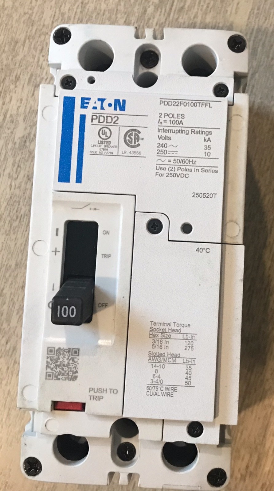 Eaton PDD22G0100TFFL 2 Pole 100A 240V PDD2 Circuit Breaker Tested