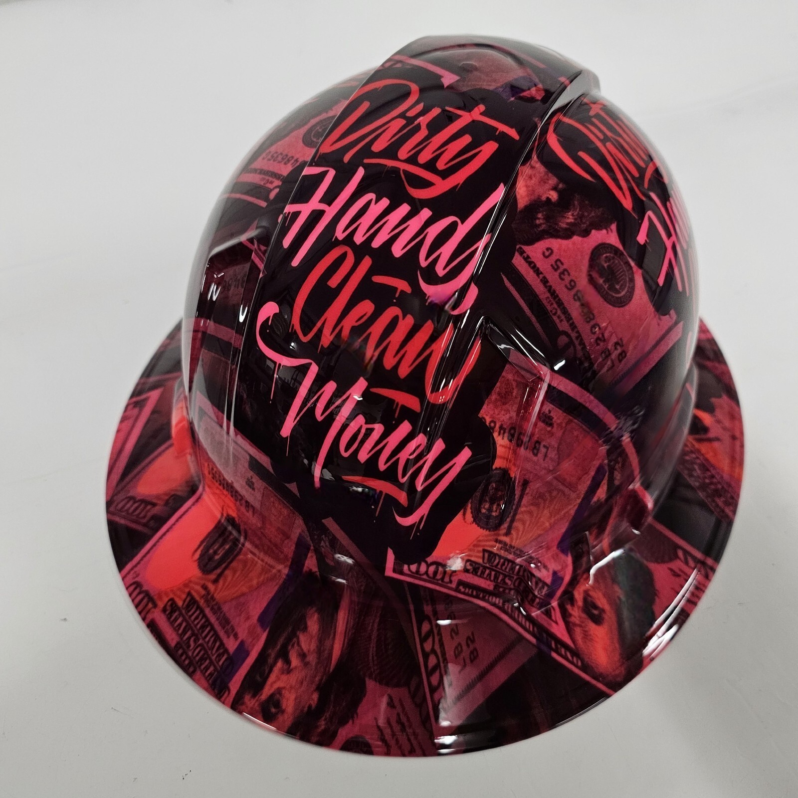 full brim hard hat custom hydro dipped IN HOT PINK DIRTY HANDS CLEAN MONEY WOMEN