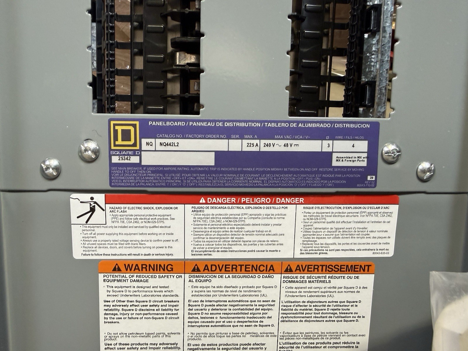 SQUARE D NQ442L2 Panelboard Interior 42 Spaces 225 A Aluminum QHB/QOB/QOB-VH
