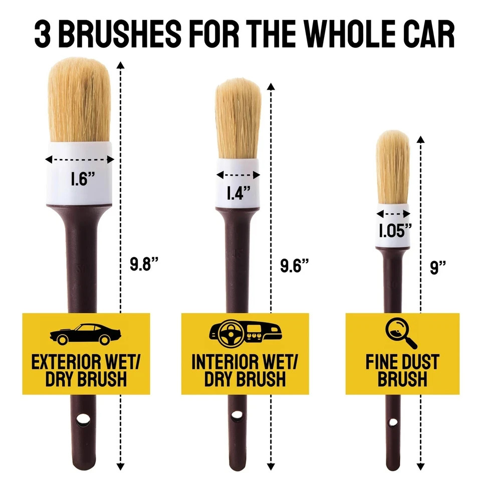 Car Detailing Brush Set 3-Pack – Soft Boar Hair 3 Pack(Starter), Brown