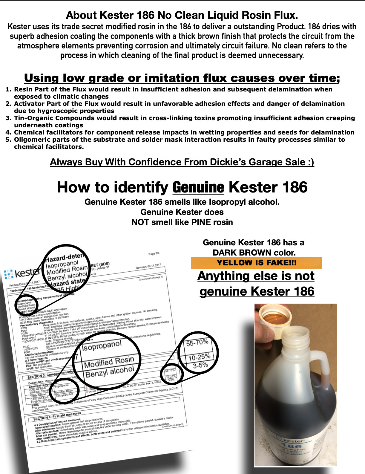 214.41ml / 7.25oz KESTER 186 RMA NO CLEAN LIQUID ROSIN FLUX FOR SOLDERING
