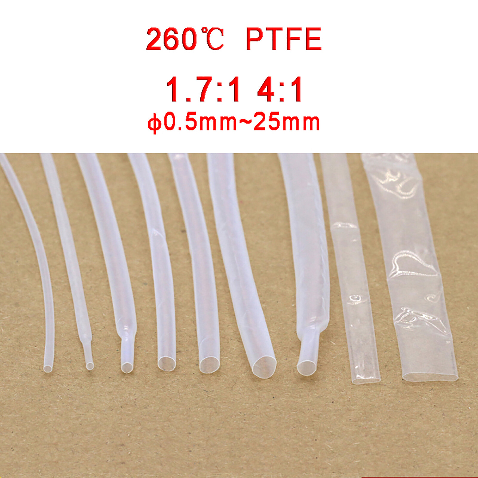 Heat Shrink Tube PTFE 4:1 or 1.7:1 Sleeving Tubing Oil Resistant HIGH TEMP 300℃
