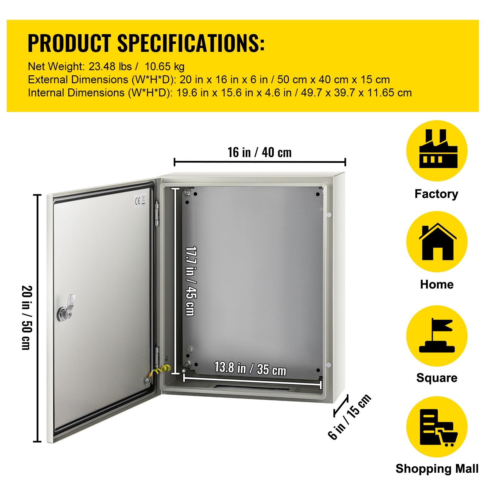 VEVOR Steel Electrical Box Electrical Enclosure Box 20x16x6” Carbon Steel IP65