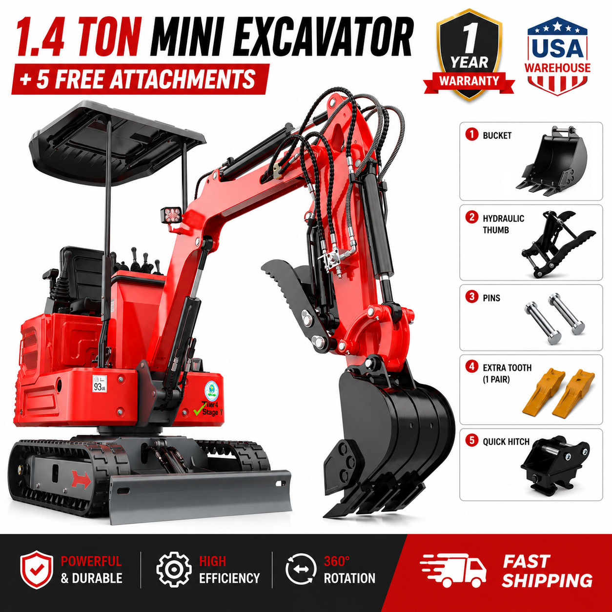 1.4Ton Mini Excavator Kubota EPA Hydraulic Thumb 5Attachments US Stock Free Ship