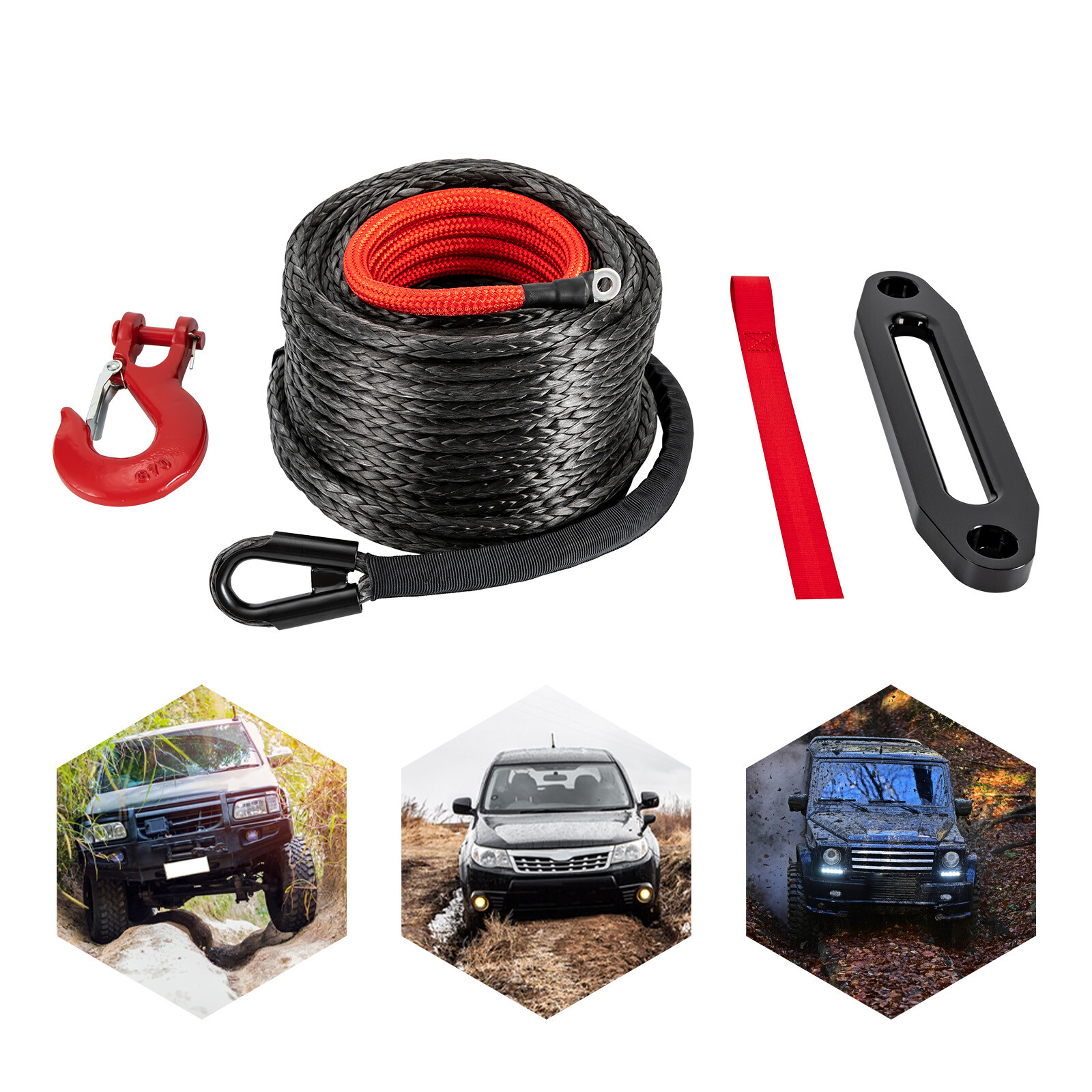 Lightweight Synthetic Winch Rope with Hook – 23809 lbs Breaking Strength