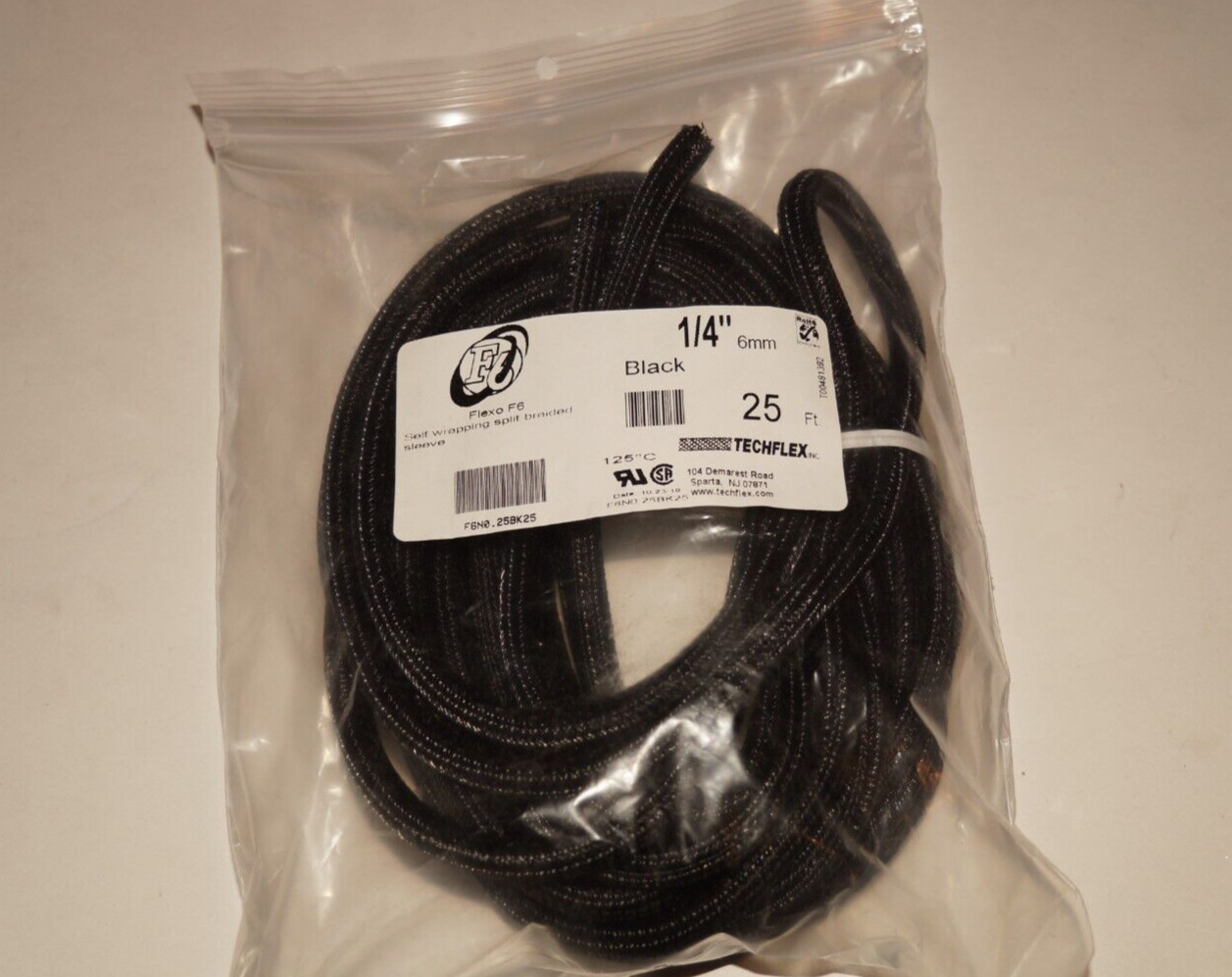 Original TechFlex Flexo F6 Self Wrapping Split Braided Sleeve ~ 1/4″ 6mm 25 Ft.