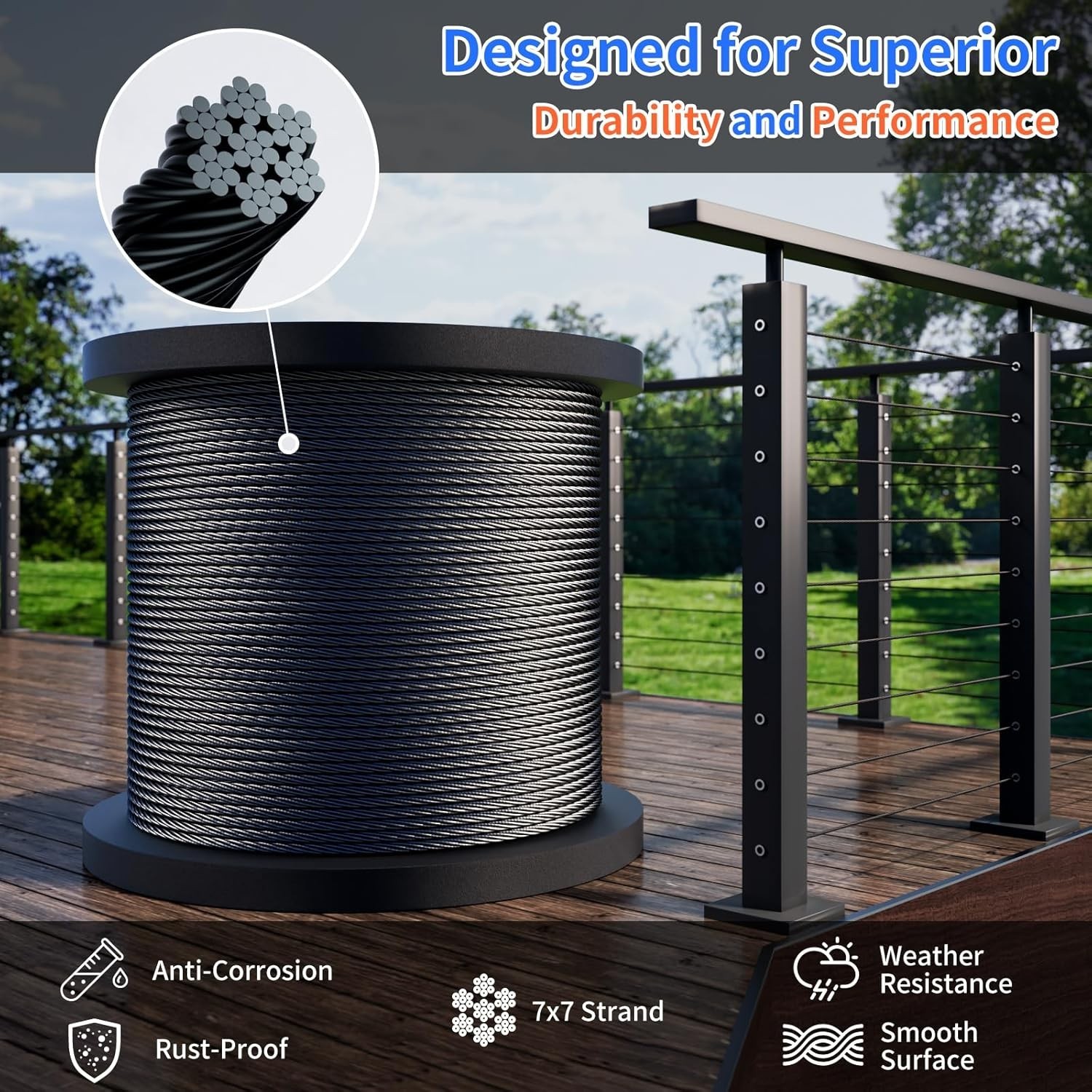 1/8 T316 Black Stainless Steel Cable – 650FT Heavy Duty Wire Rope for Cable Rail