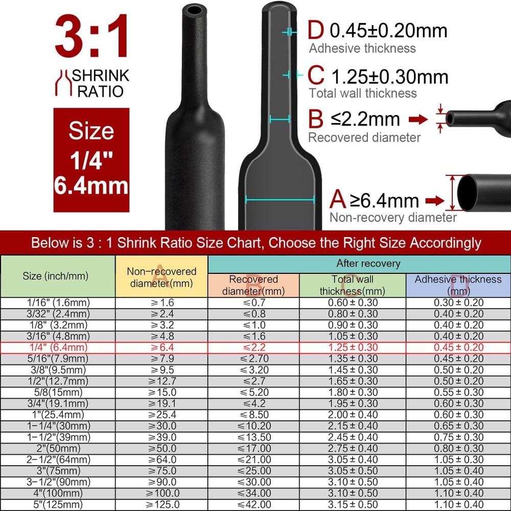 25 ft Dual Wall Adhesive Glue Lined Φ1/4″ (6.4mm) Heat Shrink Tubing 3:1 Ratio