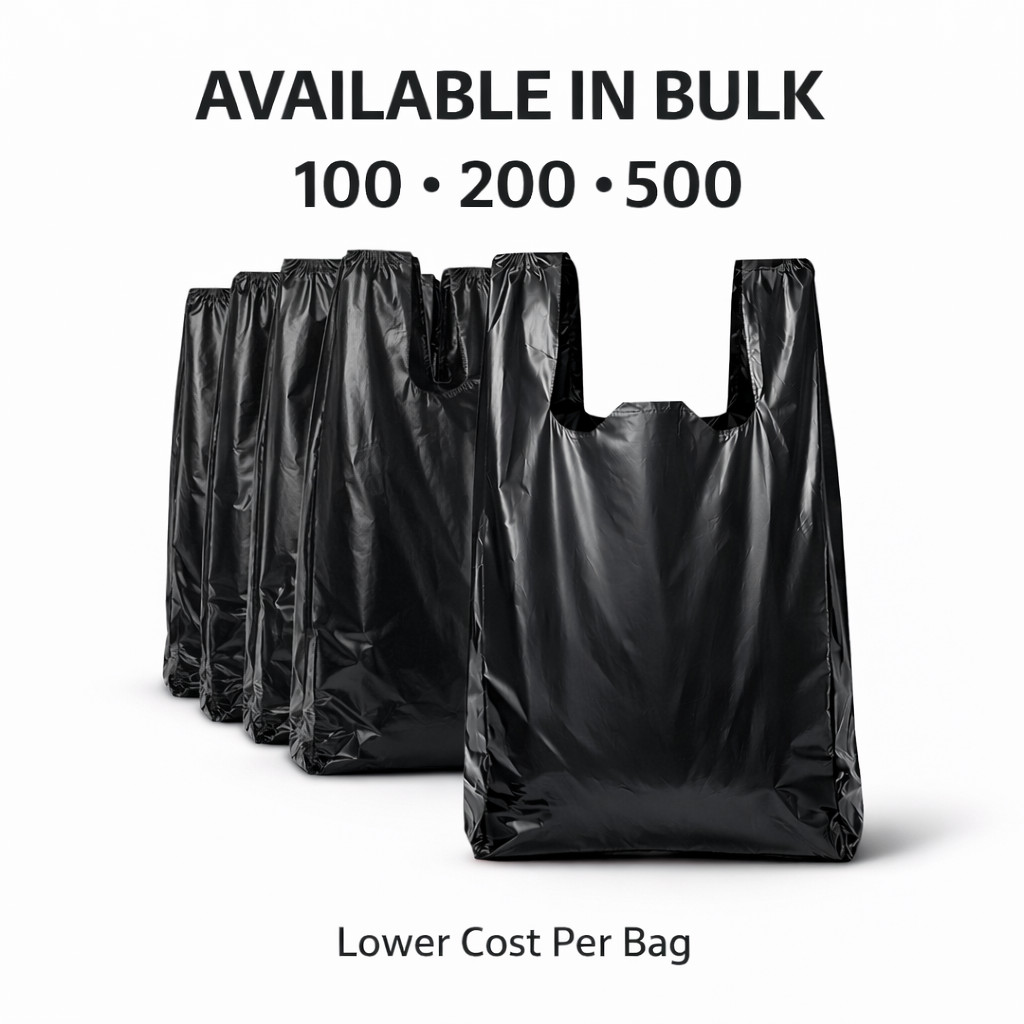 Bags 1/6 21 x 6.5 x 11.5 Extra Heavy Duty 1.18 Mil BLACK T-Shirt Plastic Grocery