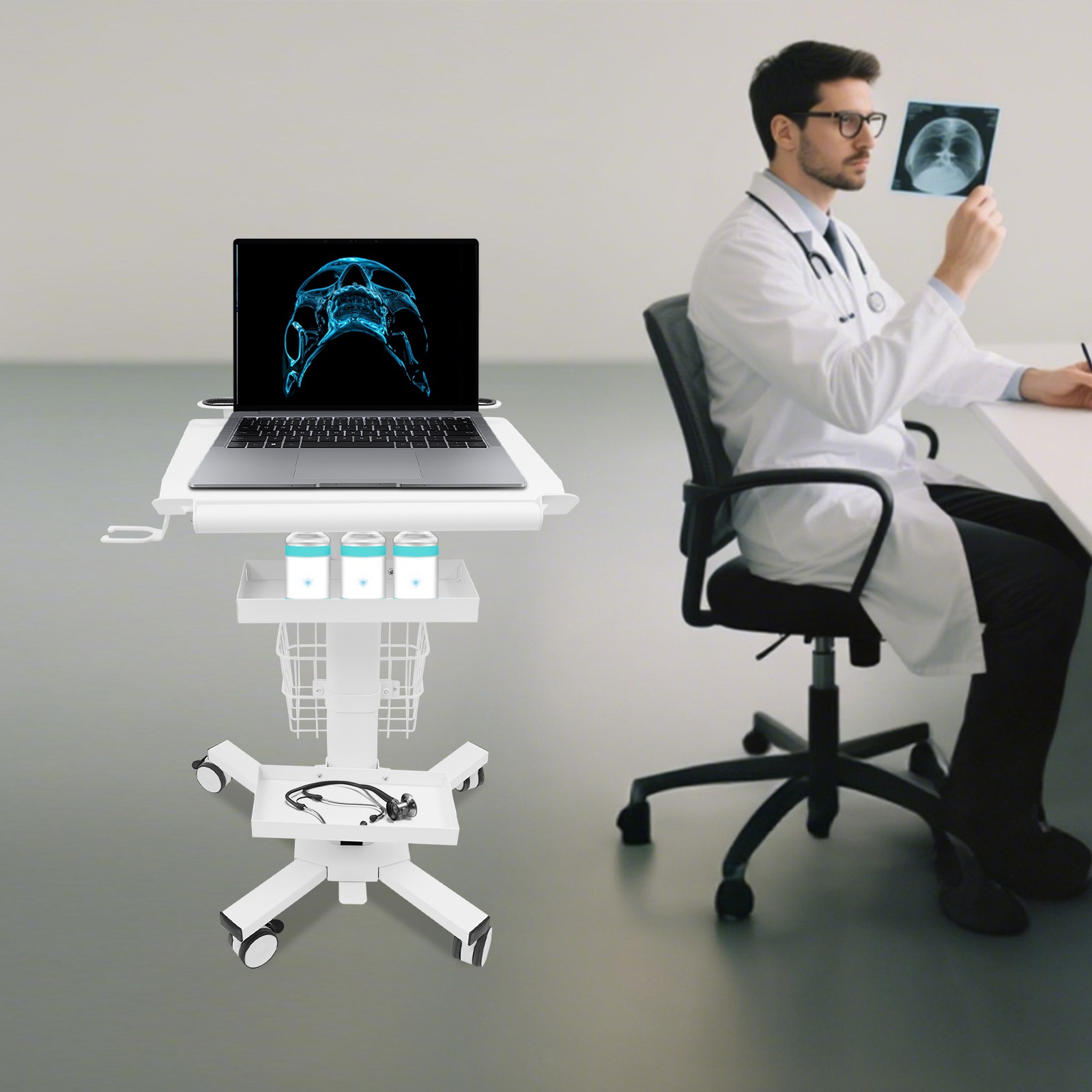 Medical Laptop Workstation Cart Dental Medical Cart Trolley with Scanner Holder