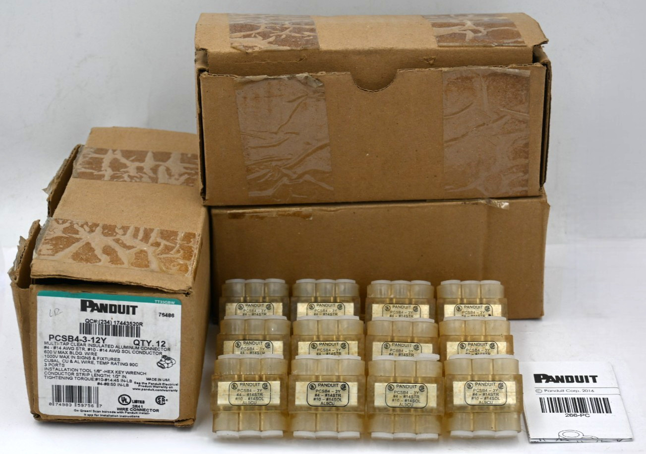 PANDUIT PCSB4-3-12Y MULTI-TAP CLEAR INSULATED ALUMINUM CONNECTOR BLOCK BOX OF 12