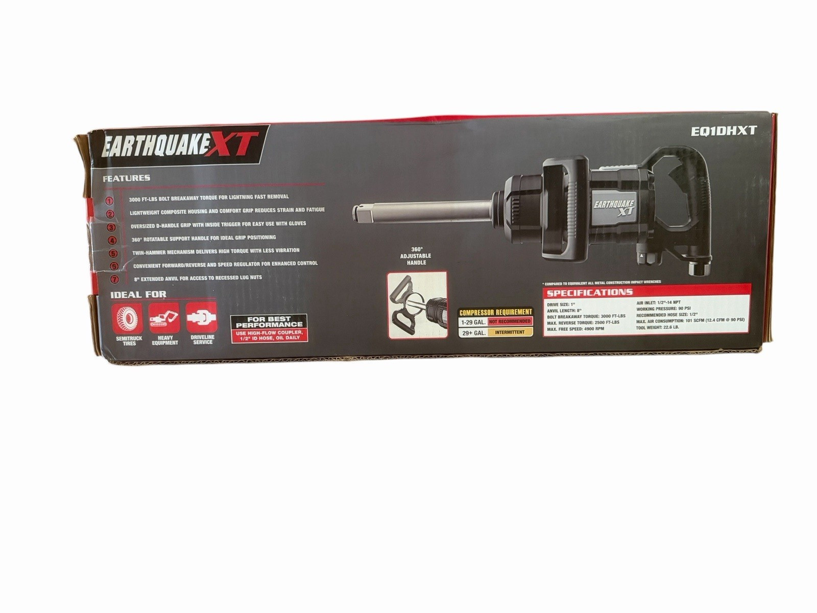 NEW EARTHQUAKE D-Handle 1″ Air Impact Wrench W/ 8” Extended Anvil NEW 3000ft-lbs