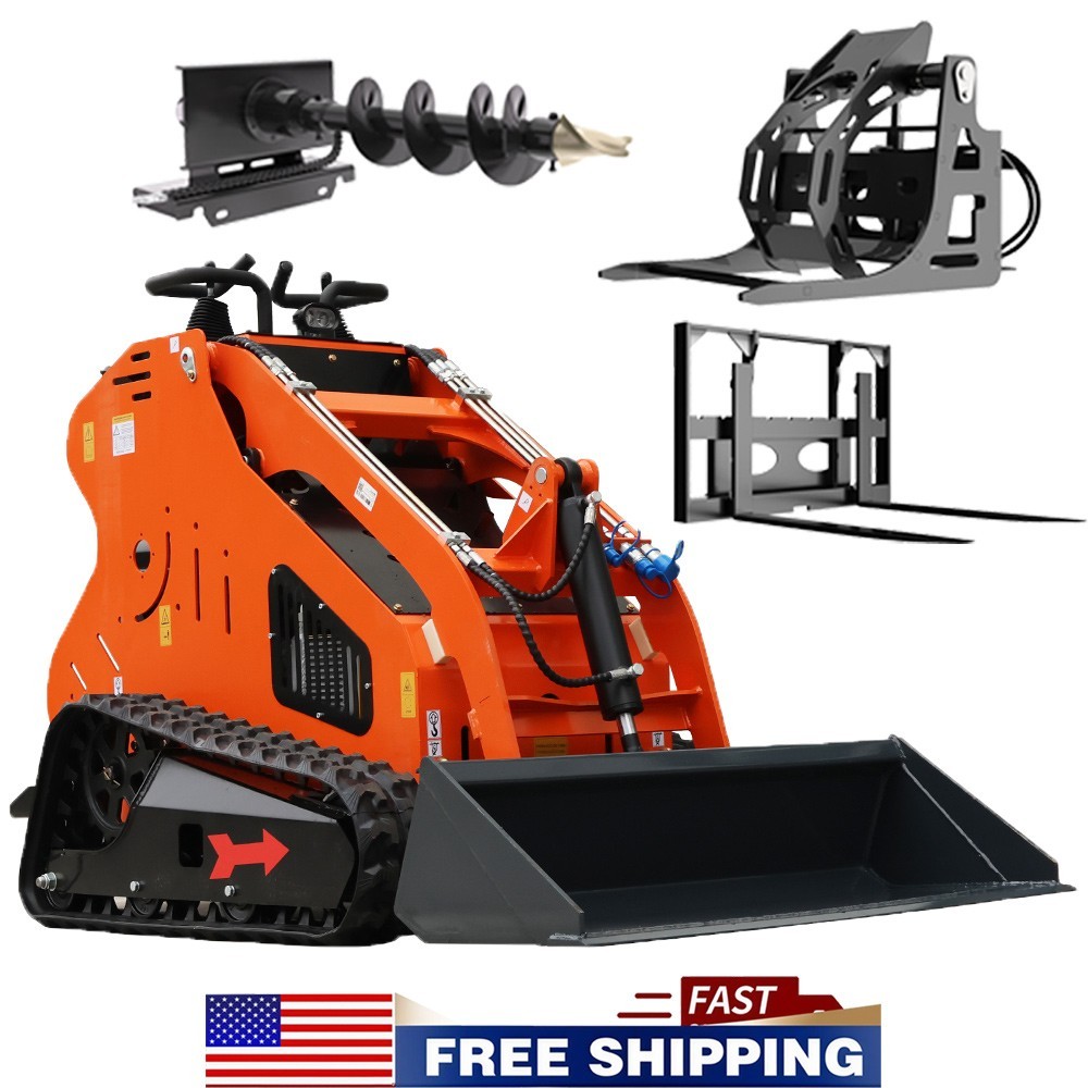 24HP Mini Skid Steer Tracked Loader 3-Pumps 2-Cylinder Gas Engine +3 Attachments