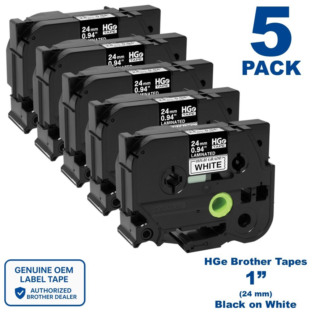 Genuine Brother HGe-2515PK High Grade Adhesive 1″ (24mm) BLK on WHT Label Tape