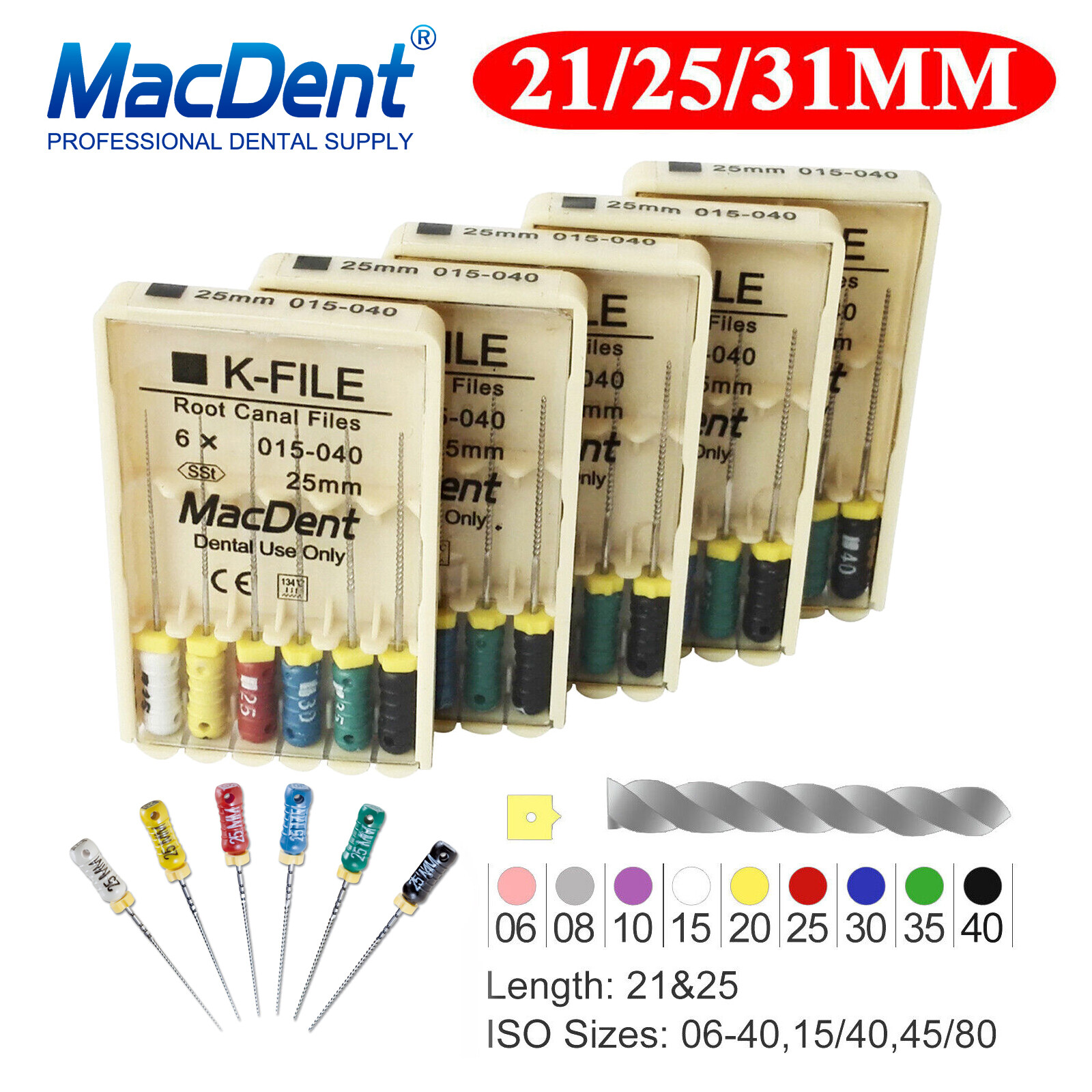 MacDent Limas de endodoncia manual dental K-Files acero inoxidable 21/25/31mm
