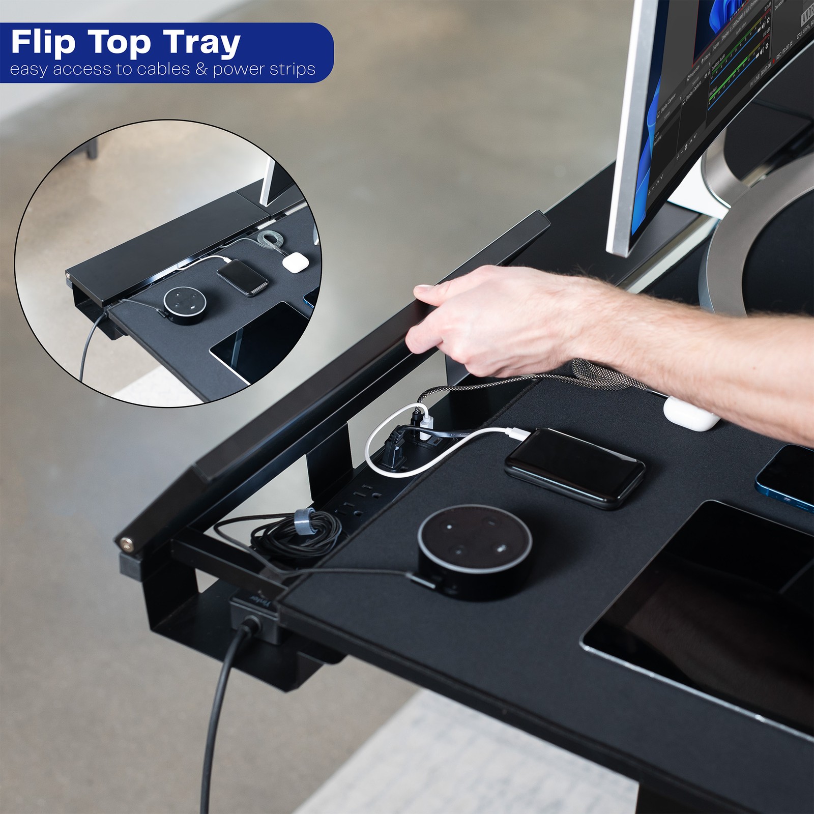 VIVO Black 60″ x 30″ Concealed Cable Table Top w/ Pad for Standing Desk Frames