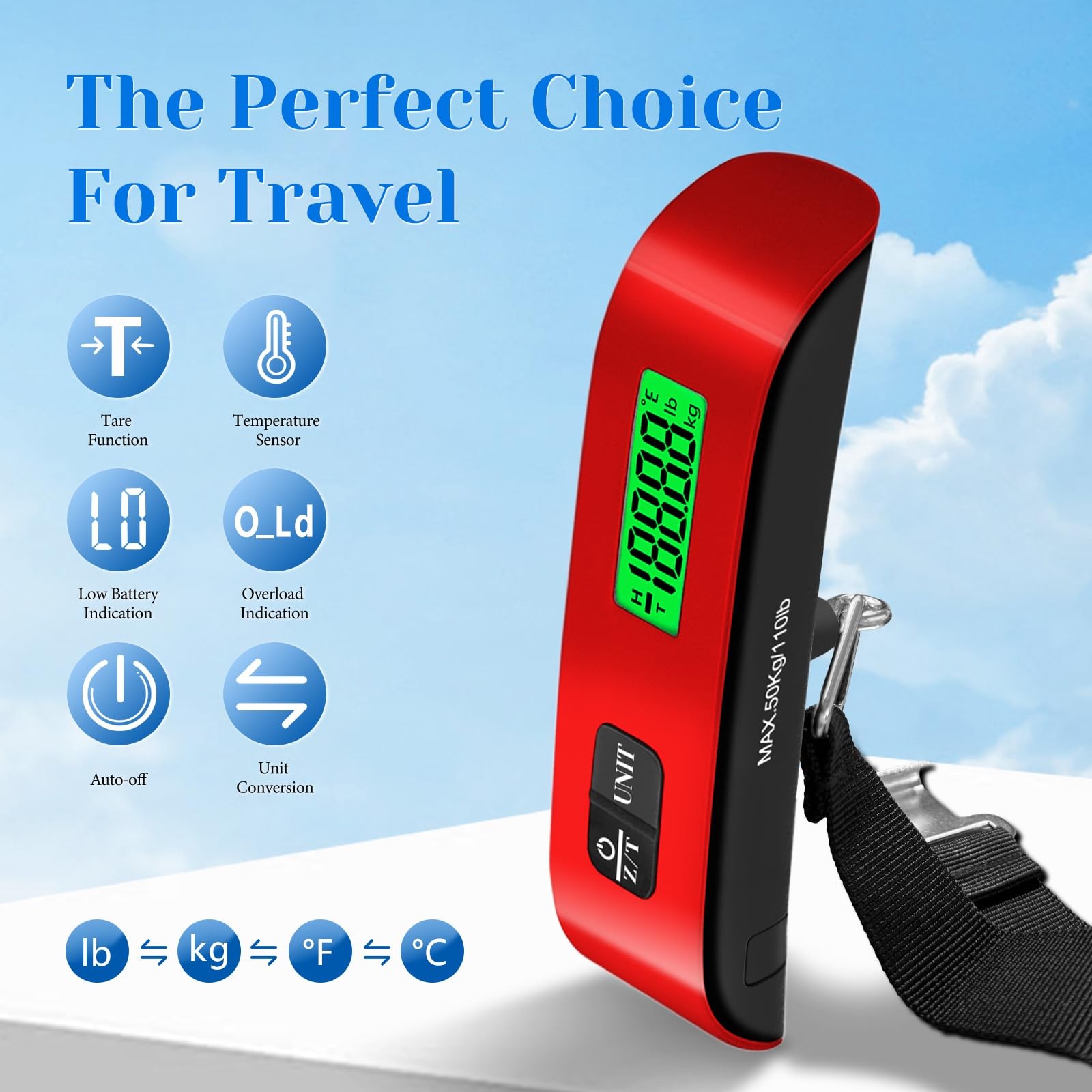 Luggage Scale 110 Lbs Weight 4 Unit Switching LCD Display Travel Digital Red
