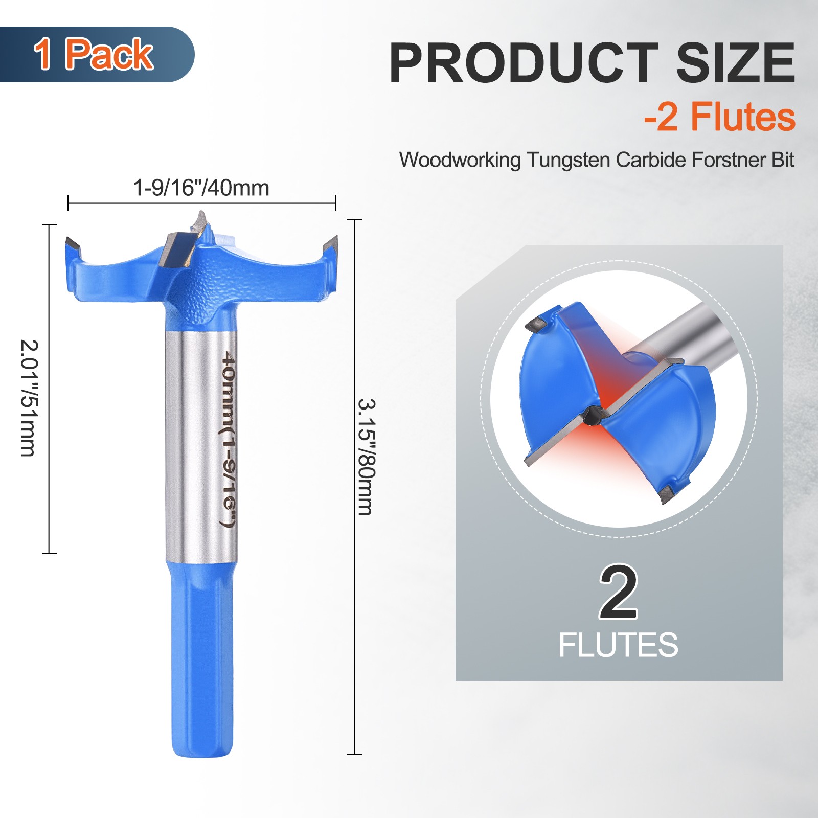 1-9/16″(40mm) Forstner Bit, 1Pack 2 Flutes Cemented Carbide Hex Shank, Blue