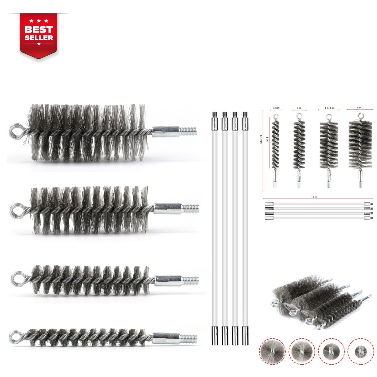 50 Inch Pipe Cleaning Brush Set with Stainless Steel Bristles