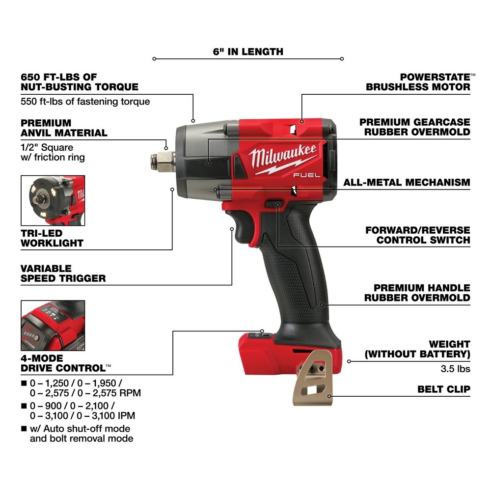 Milwaukee 2962-20 M18 1/2″ Mid-Torque Impact Wrench w/ Friction Ring Bare Tool