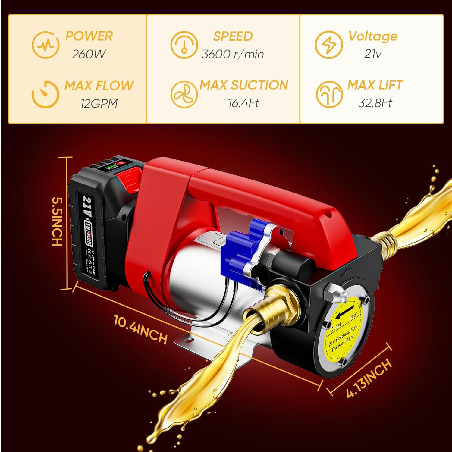 Cordless Electric Fuel Transfer Pump with Nozzle & Hoses Kit 12GPM 4.0Ah Battery