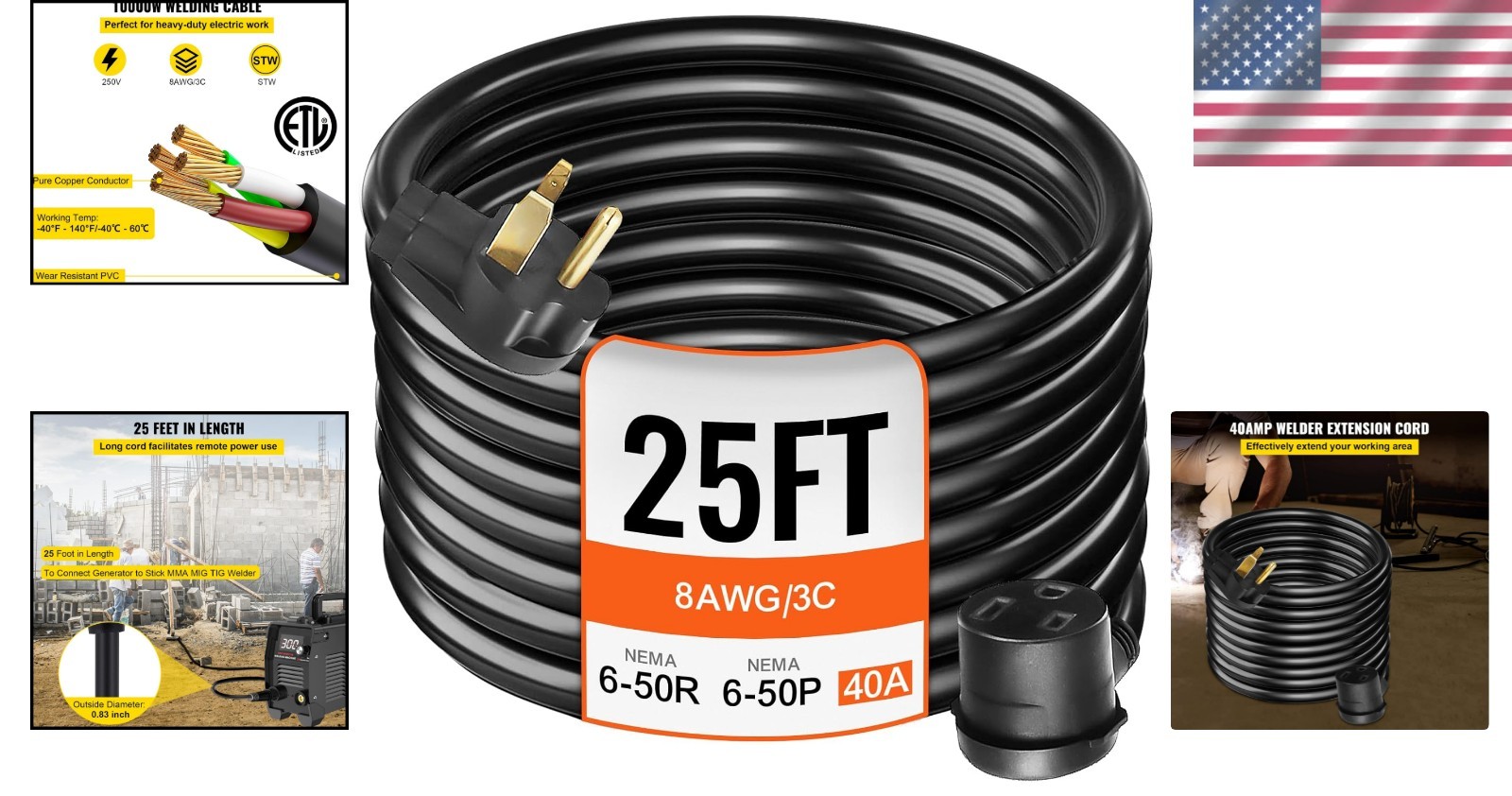 Heavy Duty 8AWG Welding Extension Cord, 25ft, Safe for Indoor and Outdoor Use