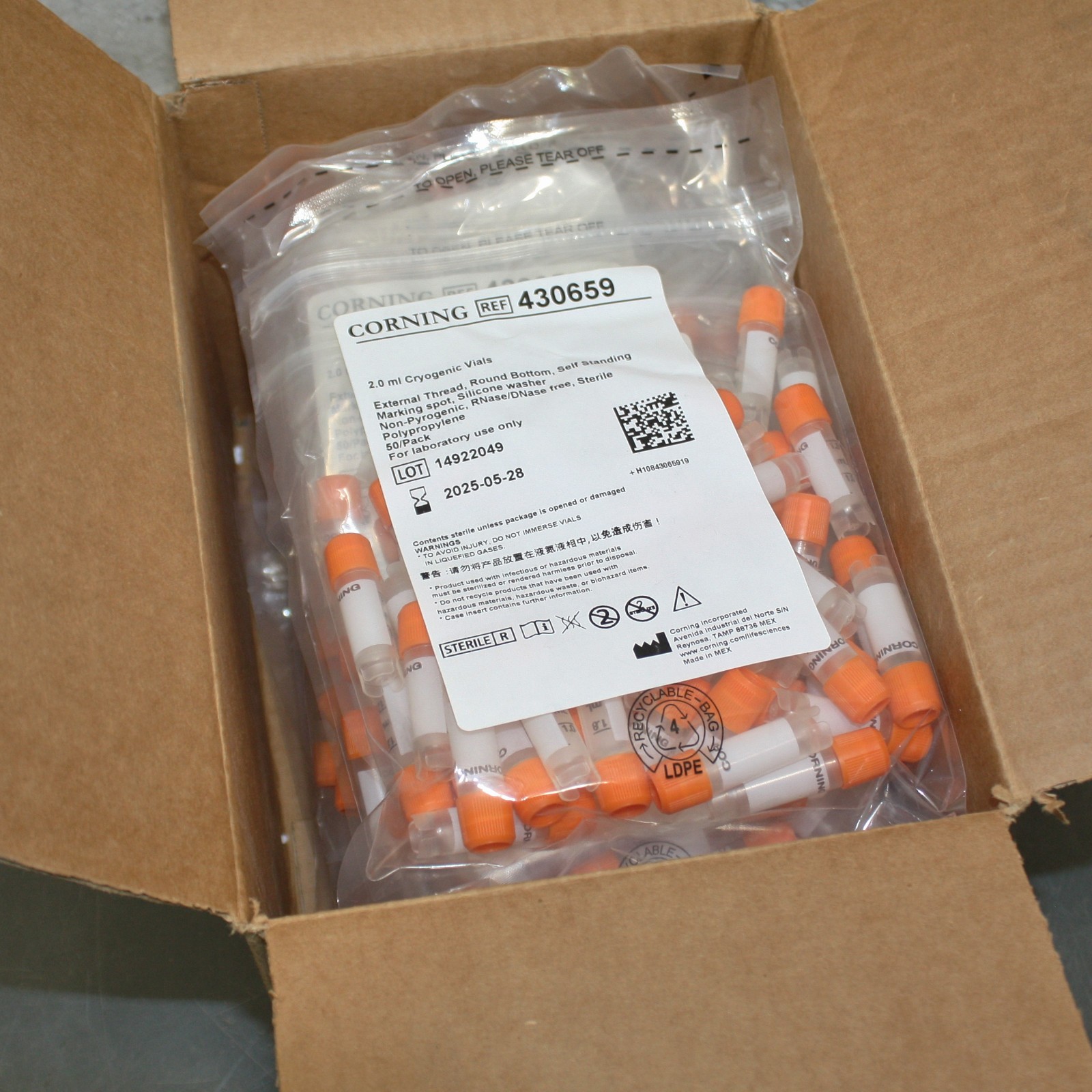 EXPIRED 5/2025 -(500) Corning 2mL Cryogenic Vials 430659, Round 12mm OD Cryo