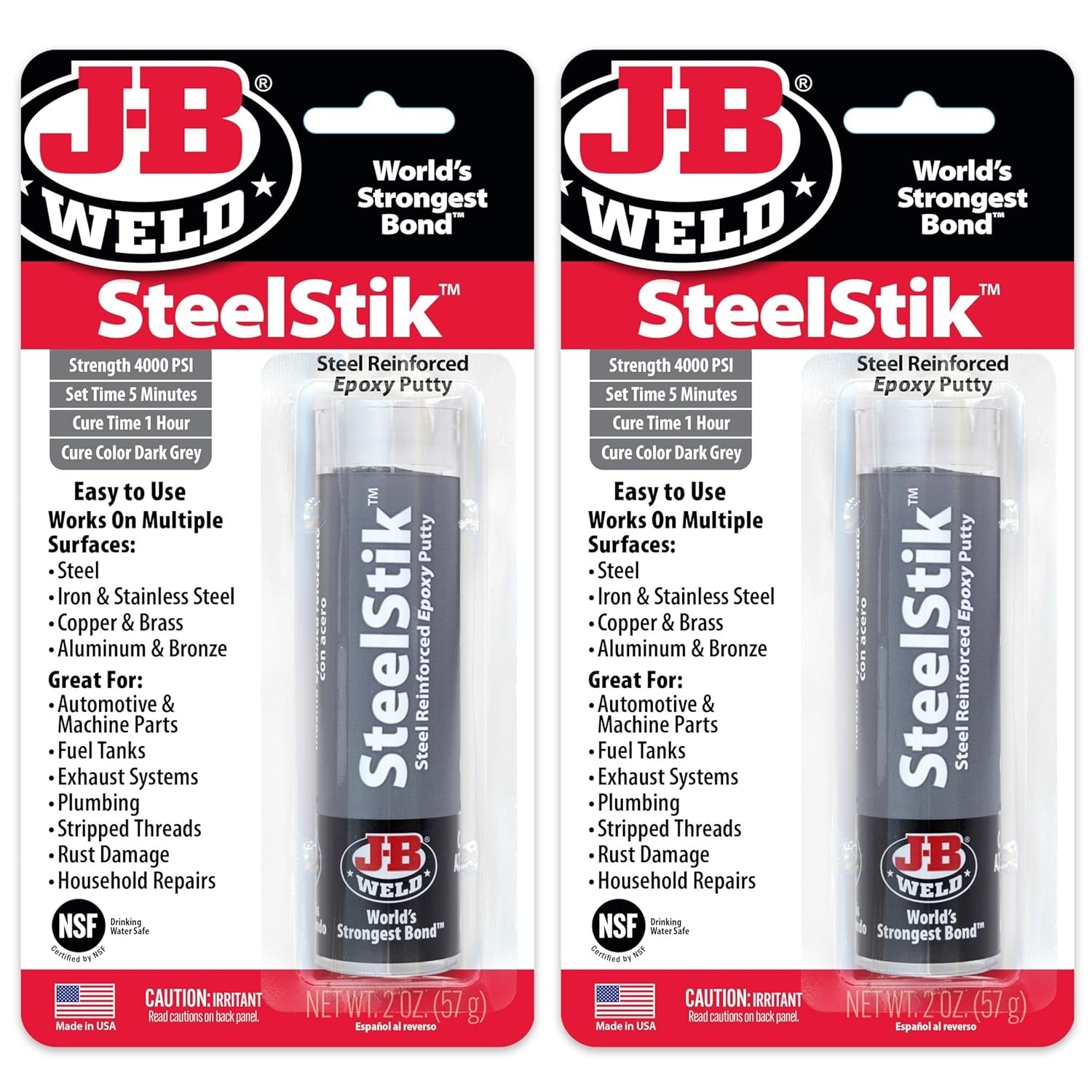 SteelStik, 1 Hour Cure, Steel Reinforced Epoxy Putty Stick – 2 Pack, Dark Grey (