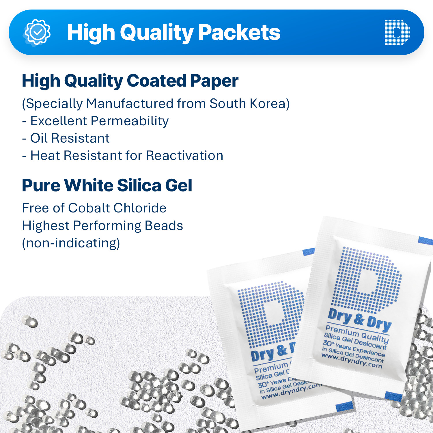 5 Gram [50 Pack] “Dry & Dry” Silica Gel Desiccant Packets – Rechargeable Cloth