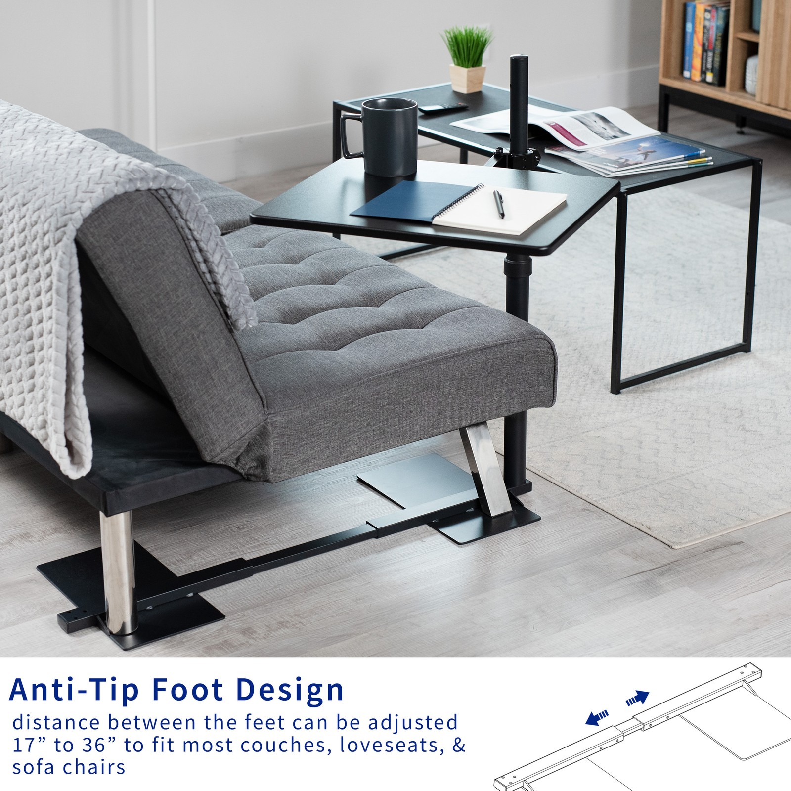 VIVO Black 20 inch Over Couch Swivel Table, Laptop Desk for Remote Work
