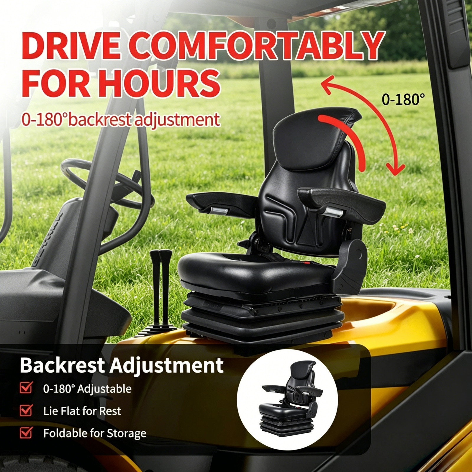 Tractor Forklift Seat Suspension Adjustable Backrest Armrest Safety Belt 2026