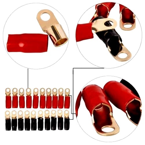 0 Gauge Gold Ring Terminal 10 Pack 1/0 AWG Wire Crimp Cable Red Black Boots