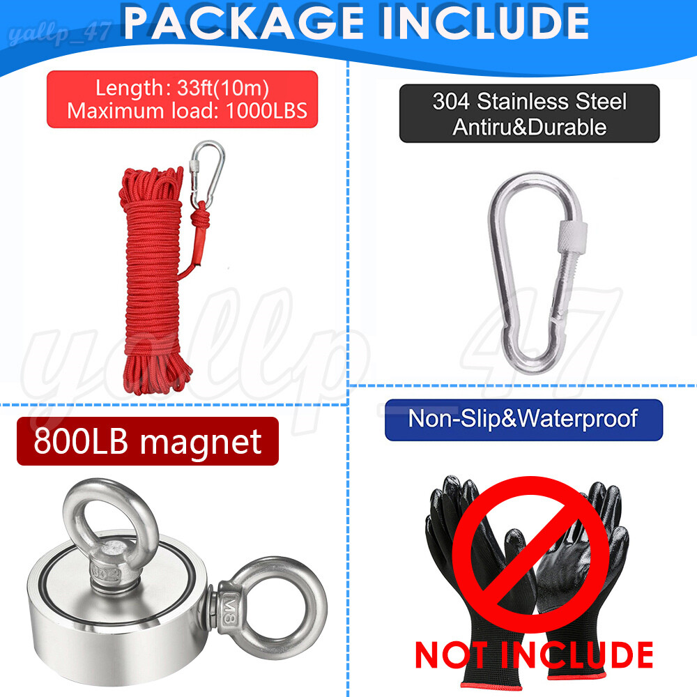 700LBS Fishing Magnet Rope Kit Double Sided Strong Neodymium Searching Treasure