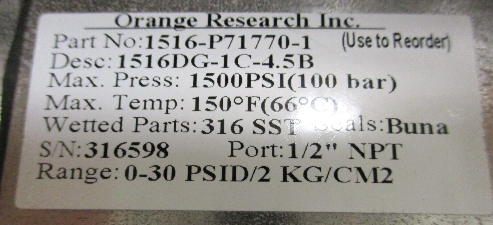 ORANGE RESEARCH , DIFFERENTIAL PRESSURE , 0-30 PSI , 1516DG-1C-4.5B , 1/2″ FNPT