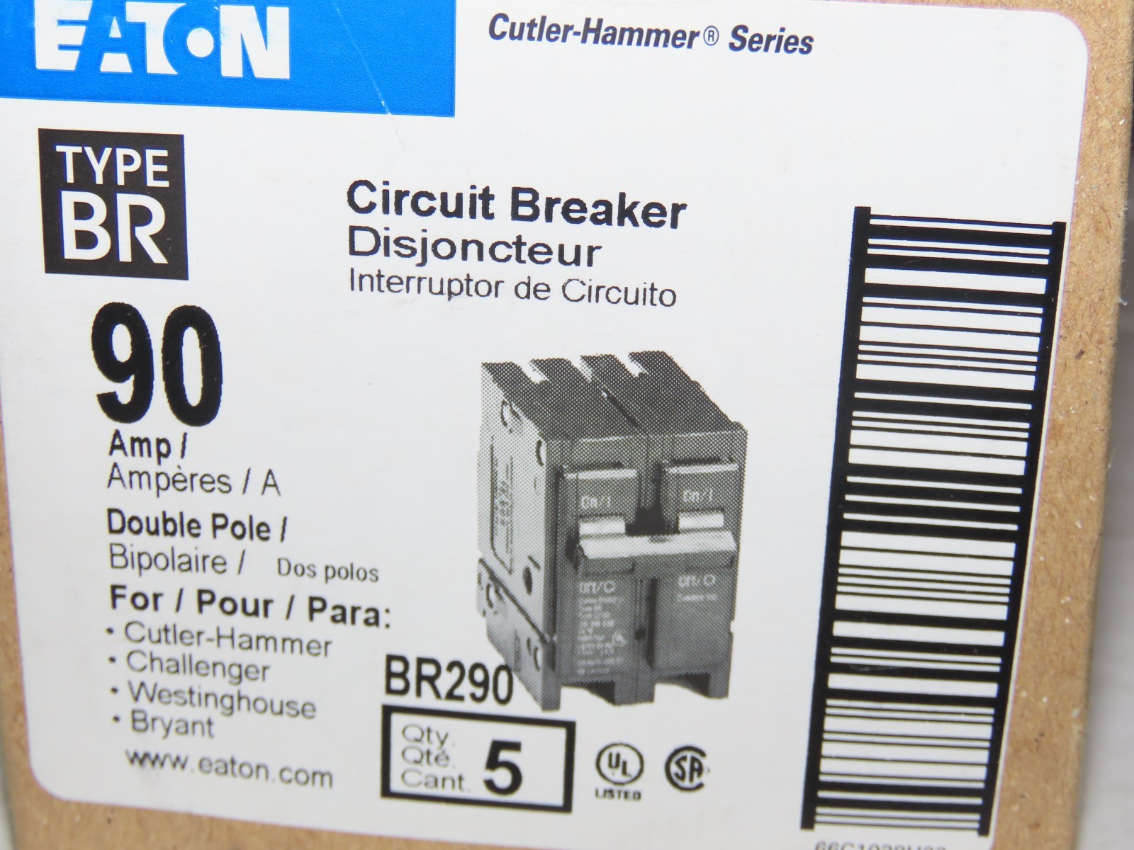 EATON BR CIRCUIT BREAKER 90A 2 POLE BR290 (QTY 5)