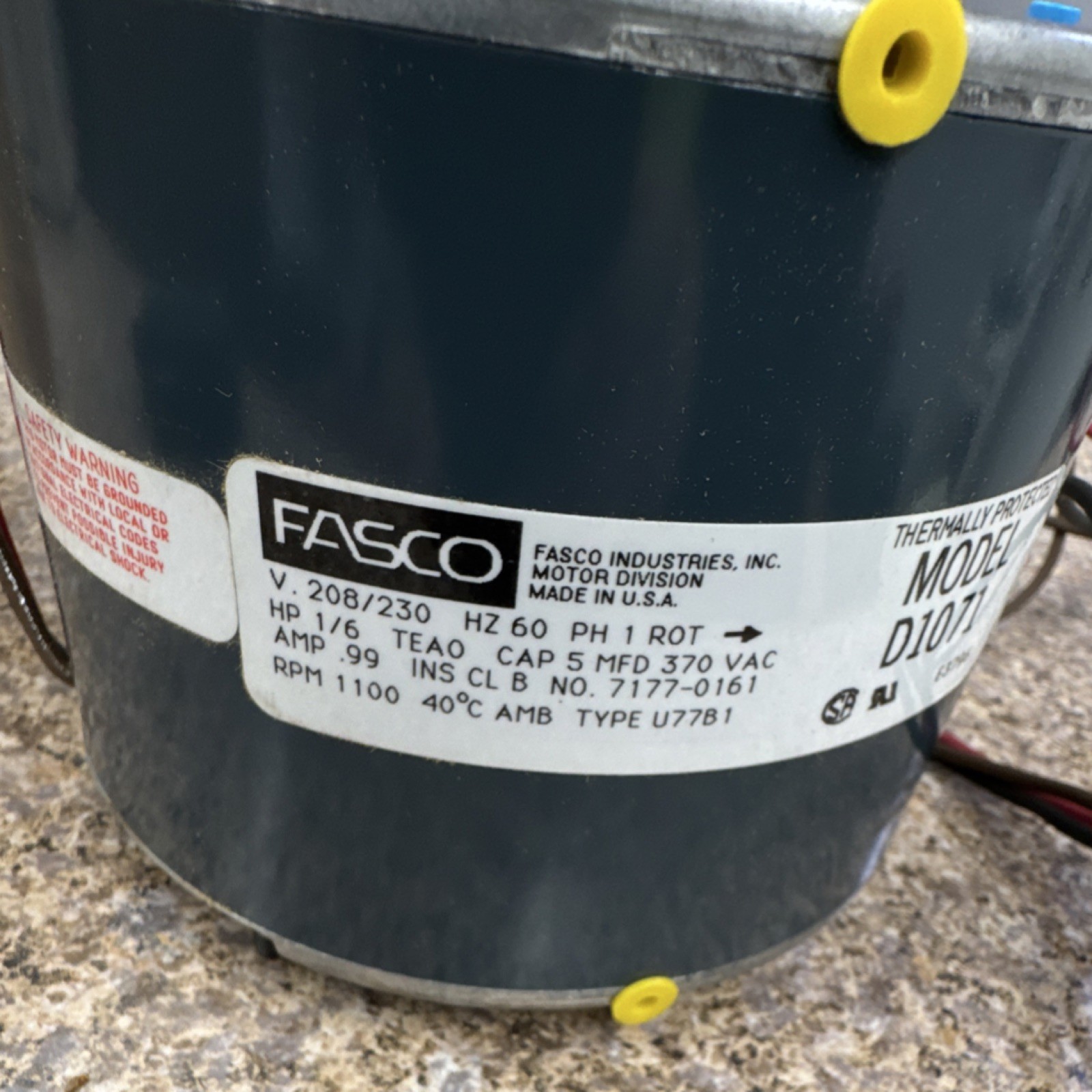 Fasco D1071 Blower Motor 1/6 HP 208/230V 0.99A 1PH Thermally Protected