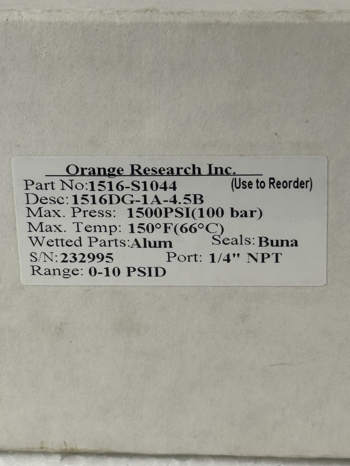 Orange Research Differential Pressure Gauge Part No. 1516-S1044/1500 PSI