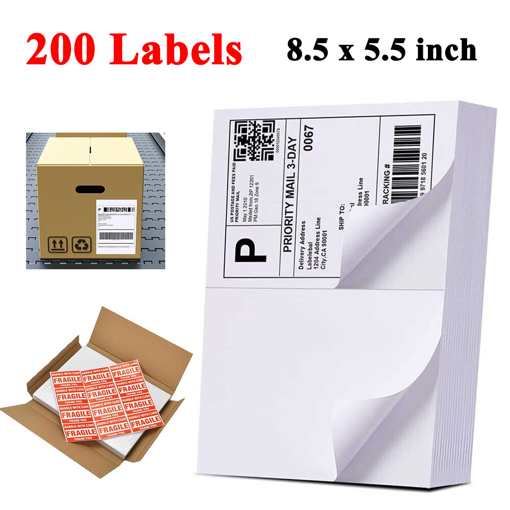 200 Premium 8.5″ X 5.5″ Half Sheet Self Adhesive Shipping Labels 2 Per Sheet