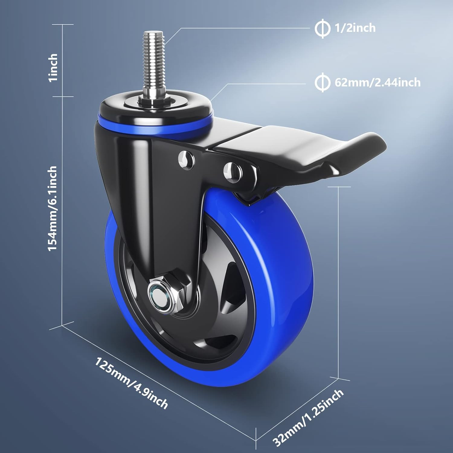 Stem Caster Wheels 5 Inch Heavy Duty Threaded Stem Mount Casters Set of 4 With